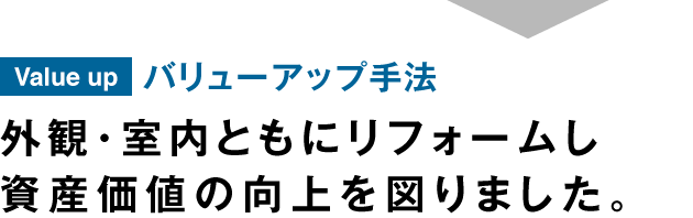 バリューアップ手法 外観・室内ともにリフォームし資産価値の向上を図りました。