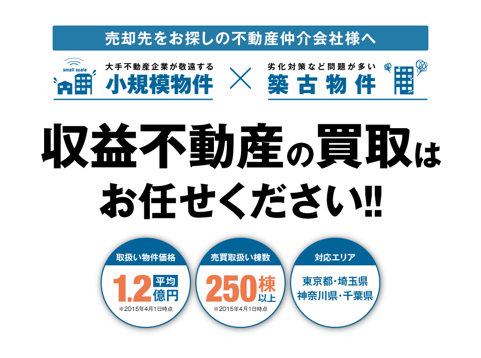 売却先をお探しの不動産仲介会社様へ 小規模物件×築古物件 収益不動産の買取はお任せください!!