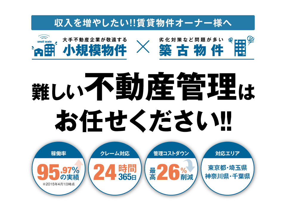 収入を増やしたい!!賃貸物件オーナー様へ 小規模物件×築古物件 難しい不動産管理はお任せください!!